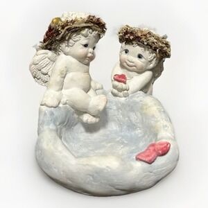 Cherub Angel Figurines Sitting in Cloud Dish Hearts Trinket Bowl Dreamicles Vtg